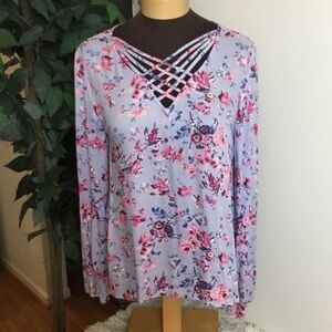 Pink Republic Floral Strappy Neck Long Sleeve Top Blue Large NWT